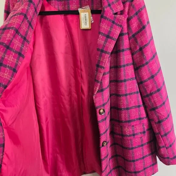 NWT Vestique As If Plaid Fuschia Pink Fall Winter Blazer Coat Jacket Size Large - Picture 9 of 11